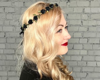 black crown gothic headband party crown gothic headband black flower crown evil queen black wedding headband gothic wedding crown halloween