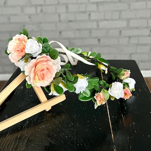 floral crown peach white crown flower wedding headband for bride floral accessories wedding hair wreath engagement crown floral wedding