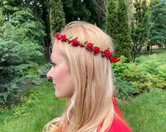 red flower crown wedding headpiece country wedding engagement crown bridesmaids crown wedding flower crown fall wedding bridal crown flower