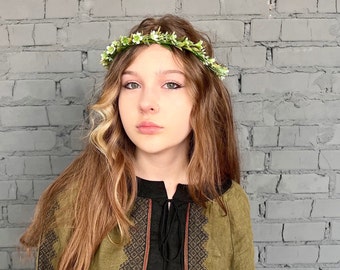 flower crown pale green crown wreath green leaves and flowers wedding wreath children's hair band children's wreath baby crown girl's crown