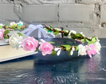 floral wedding crown wedding headdress for girl white pink floral hair wreath wedding halo for bride bridesmaid crown communion headdress