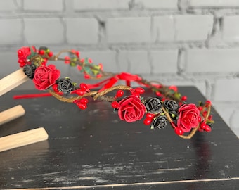 flower crown black and red flower crown gothic wedding headpiece red bridal crown gothic crown wedding flower crown bridal headband gothic