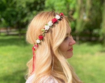 blomma bröllopskrona vit bröllopskrona röd vit brudkrona lyxig bröllopskrona vuxenkrona bröllopsband bröllopshuvudbonad brud