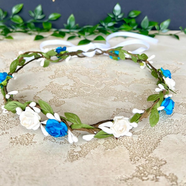 flower wedding crown blue flower headband white flower baby crown bride's wedding crown wedding crown engagement crown communion headband