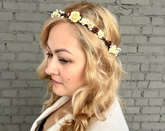 flower crown wedding flower crown mocha bridal headband adult wedding crown engagement crown brown bridesmaid wreath peach wedding crown