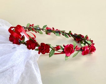 bridesmaid's flower crown red wreath red crown hair ornament flower crown for girls wedding crown wedding red halo wreath bridesmaids crown