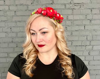 red flower crown wedding flower adult crown flower headpiece weding flower crown engagement wreath bridesmaid headband flower hair accessory