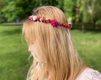 flower wedding crown marsala crown red wreath pink wedding wreath bride’s crown baptismal wreath bridesmaid’s crown baby headband flowers