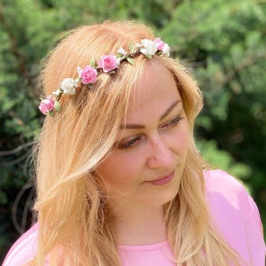 flower wedding crown pink flower crown white wedding flower bride crown child flower crown for hair pink flower wreath communion headband