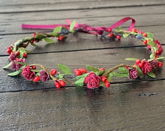 Handcrafted Beautiful Varying Red Flower Crown, Mulberry and  display picture 1