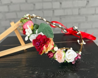 floral red headband floral crown floral wedding crown white boho wedding hair wreath bridal headband floral halo bridesmaid hair flowers