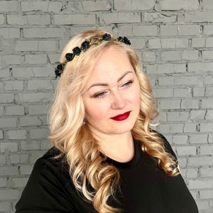 black flower crown dark flower crown gothic wedding headpiece wedding flower crown black wedding hair accessories halloween crown evil queen