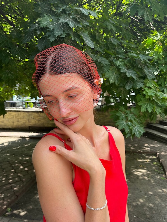 Red Veil Hair Accessory Lace Veil Hair Net - Women main image 3