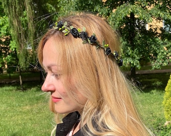 gothic black flower crown evening crown gothic headband black olive floral headband black wedding headband gothic wedding halloween crown