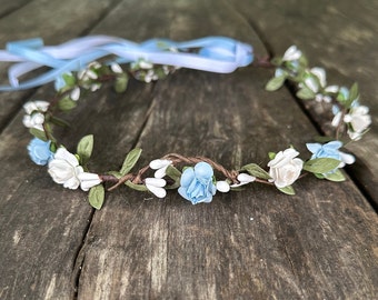 flower crown baby blue headband white flower crown wedding crown girl crown flower wedding headband communion headband christening crown