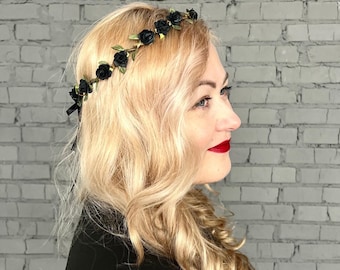 gothic black crown evening crown goth headband black flower crown black wedding headband goth wedding halloween crown goth flower crown