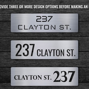 May include: Three different design options for a house number sign. The sign is made of brushed metal and features the address "237 Clayton St.".