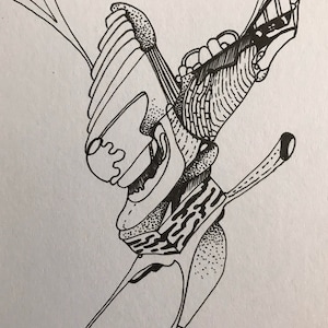Surreal hand-drawn original pen drawing signed by the artist (pen on paper, 2020)