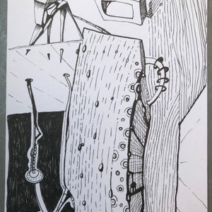 Surreal hand-drawn original postcard signed by the artist (pen on postcard paper, 2020)