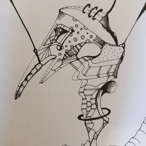 Surreal hand-drawn original postcard signed by the artist (pen on postcard paper, 2020)