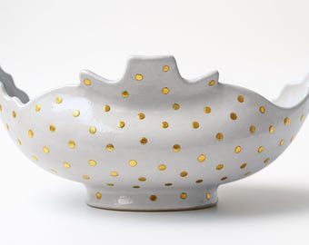 Handmade Ceramic Bowl, Art Pottery Stoneware, Gold Accent Decorative Bowl, Food Safe Centerpiece