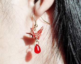 Origami Crane Earrings with Teardrop Stone, Paper Crane Jewelry, Gift for Wife