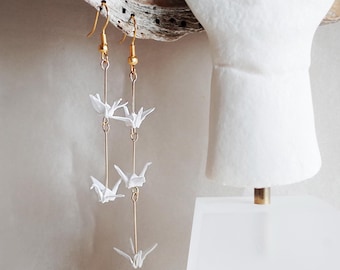 Origami Crane Dangle Earrings: Asymmetrical Bridal Wedding Jewelry