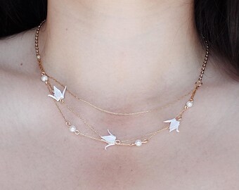 Bridal Pearl Necklace: Dainty Origami Crane, Layered Wedding Jewelry