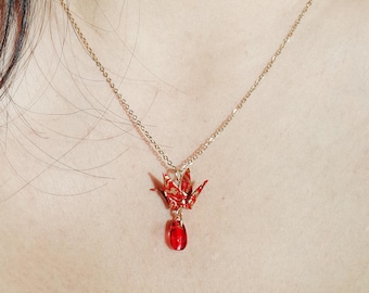 Origami Crane Necklace with Teardrop Stone Necklace, 1st Wedding Anniversary Gift for Wife