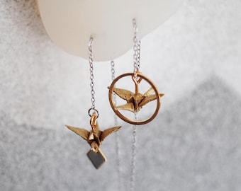 Origami Crane Mismatched Earrings: Dainty Mixed Metal Handmade Jewelry