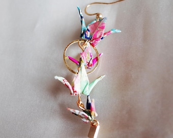 Single Multi-Color Origami Crane jewelry: Long statement earring, colorful gift for friend