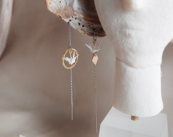 Origami Crane Earrings: Mismatched Geometric Mixed Metal Dangle Earrings