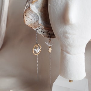 minimalist mismatch geometric shape earrings, elegant origami crane jewelry, Mixed metal earrings, gift for bride, Japanese style jewelry