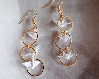 Triple Circle Dangle Earrings: Japanese Origami Bird Jewelry, Bridal Jewelry