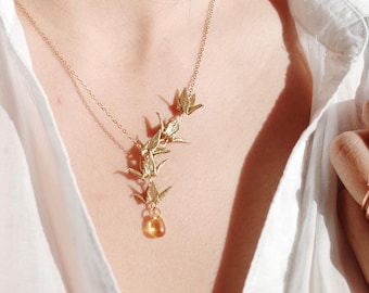 Golden Origami Swan Graduated Necklace: Asymmetrical Bird Pendant, Dainty Jewelry, statement necklace