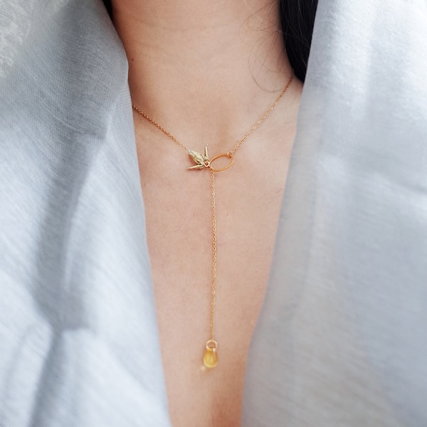 Minimalistic Golden Necklace, Origami Crane Lariat Necklace, Dainty Elegant Jewelry, Long Necklace, Gift for Her, Gift for Wife, Anniversary