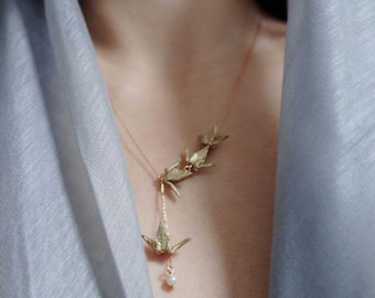 Golden Origami Crane Necklace: Asymmetrical Dainty Jewelry, statement Negligee Necklace