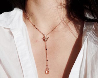 Rosegold Origami Swan Lariat Necklace: Dainty Y Drop Necklace, Romantic elegant design