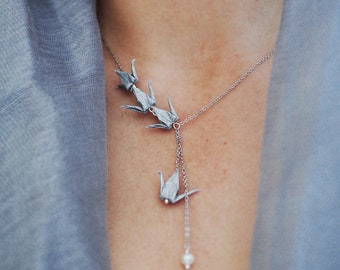 Silver Origami Crane Necklace: Asymmetrical Bird Jewelry, gift for friends, Statement Negligee Jewelry