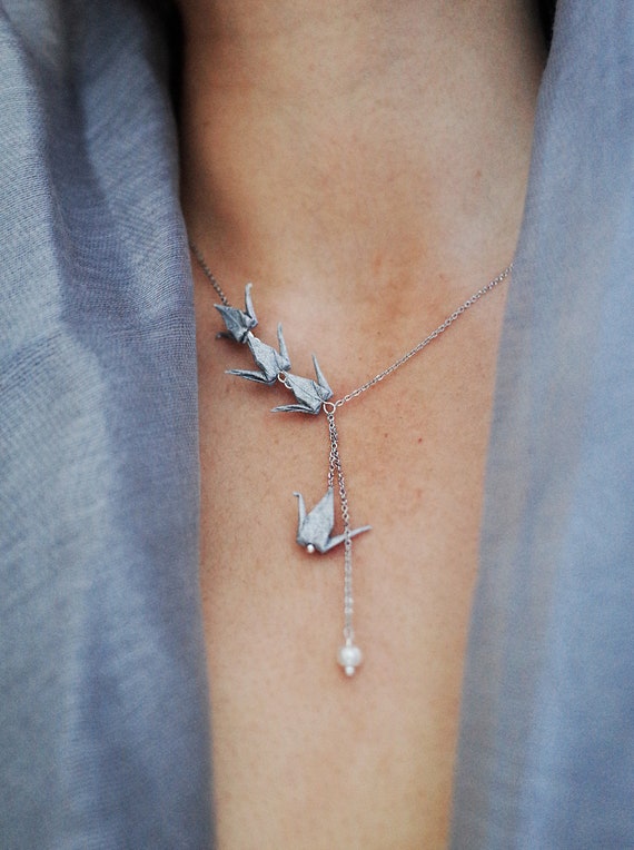 Silver Origami Crane Necklace: Asymmetrical Bird Jewelry, gift for friends, Statement Negligee Jewelry