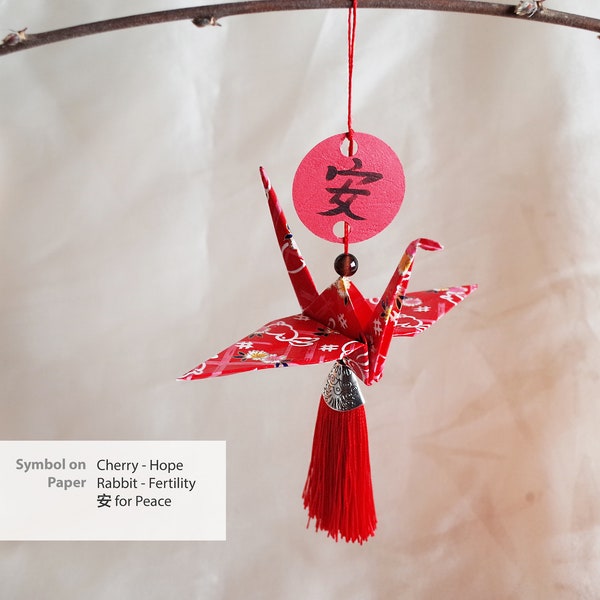 Crane for Peace, Fertility Gift, Origami bird Wall hanging, Paper Decor, Handwritten Chinese Calligraphy, Fengshui Art, Japanese Home Decor