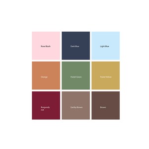 A palette showcasing a customizable range of colors for earrings: Rose Blush, Dark Blue, Light Blue, Orange, Pastel Green, Pastel Yellow, Burgundy Red, Earthy Brown, and Brown. Customers can choose their preferred color for a personalized creation