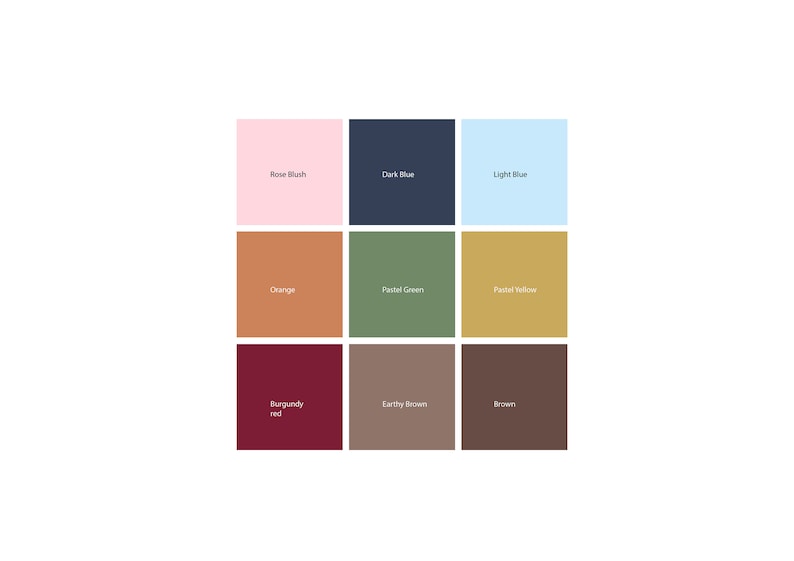 A palette showcasing a customizable range of colors for earrings: Rose Blush, Dark Blue, Light Blue, Orange, Pastel Green, Pastel Yellow, Burgundy Red, Earthy Brown, and Brown. Customers can choose their preferred color for a personalized creation