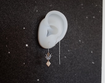 Single Tiny Origami Crane Earring: Mixed Metal Pull Through Jewelry