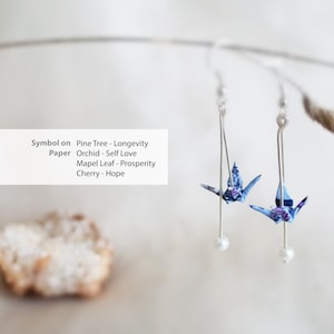 Orecchini di perle origami a forma di gru, eleganti gioielli fatti a mano, orecchini di uccelli di carta, stile giapponese, regalo per lei, regalo di compleanno, regalo per il primo anniversario