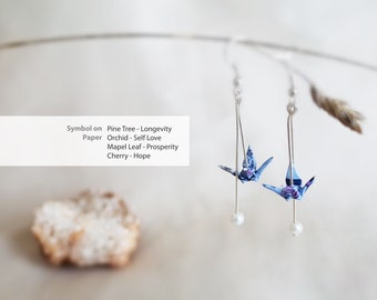 Origami Crane Pearl Earrings: Handmade Japanese Washi Paper Bird Jewelry