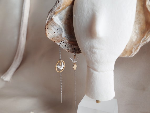 Origami Crane Earrings: Mismatched Geometric Mixed Metal Dangle Earrings