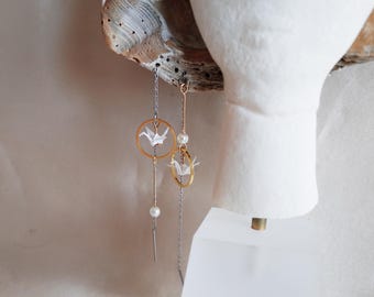 Asymmetrical Origami Crane Earrings: Mixed Metal Dangle Jewelry, simple geometric shape design, personalised gift