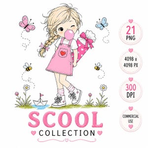 Può includere: Un'illustrazione digitale di una bambina bionda con una treccia laterale che indossa un vestito a salopette rosa, una maglietta bianca e scarpe da ginnastica bianche, mentre soffia una bolla rosa. Tiene in mano un cono rosa con cuori. Include api, farfalle, fiori, una barchetta di carta e il testo SCOOL COLLECTION.