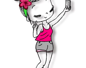 Selfie Girl Doodle Embroidery Design, Girl with Smartphone Machine Embroidery File, Girl Selfie Embroidery File